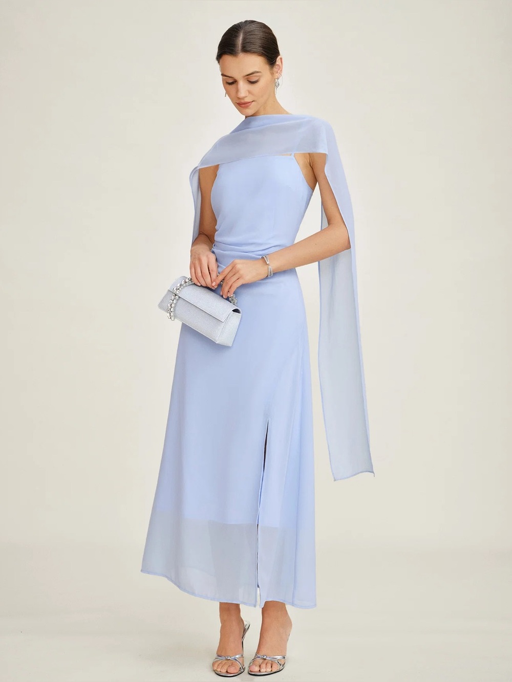Rihoas Elegant Light Blue Sleeveless Maxi Dress with Scarf